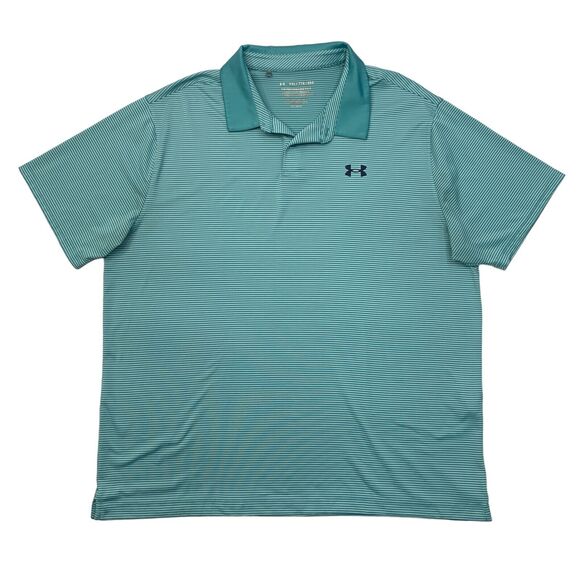 Under Armour Shirt Men XXL Waterfall Blue White Stripe Performance HeatGear Golf - Picture 1 of 11